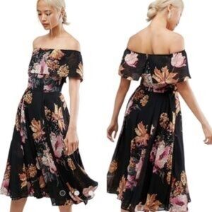 ASOS Black Midi Dress with Pink Yellow Floral Design Size 6 Small Lined Bardot